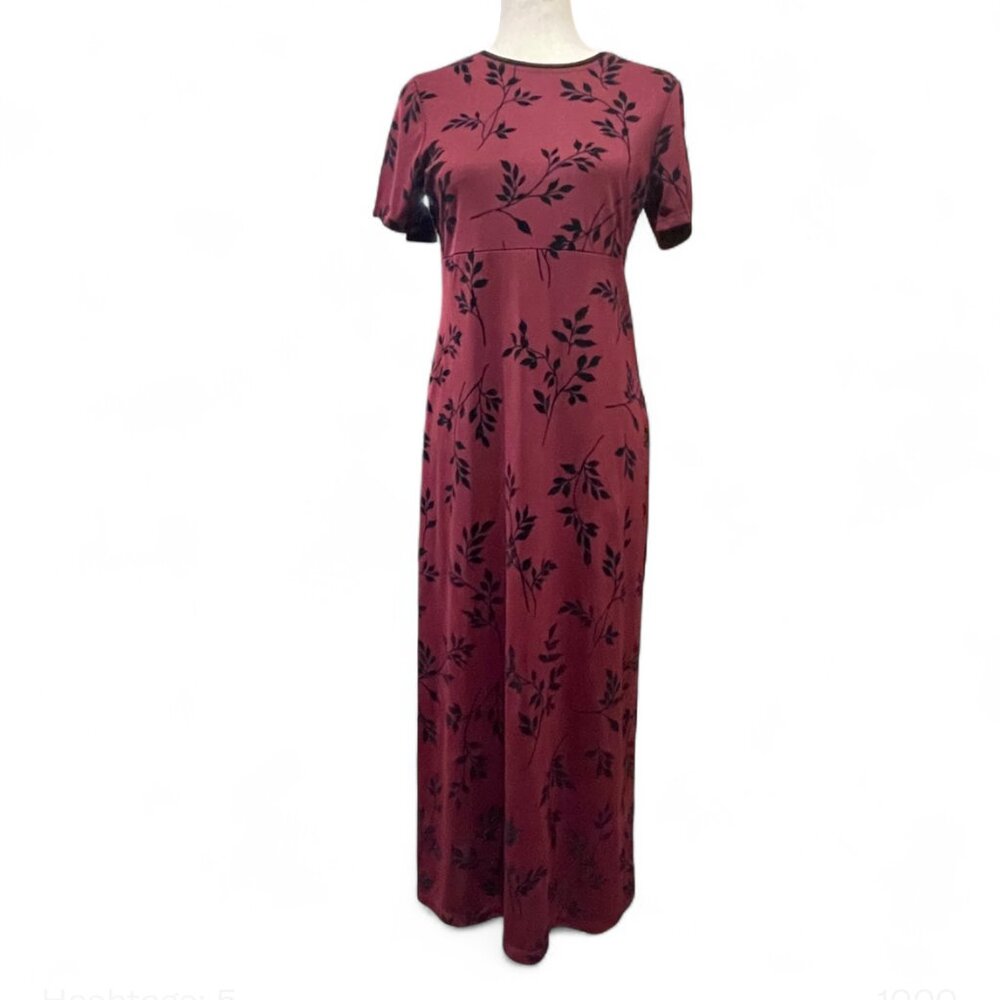 Vintage 90s Goth Liz Claiborne Burgundy‎ Black Leaf Print Maxi Dress Petite M